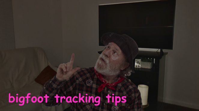 Cowboy man in dimly lit room with text overlay "bigfoot tracking tips"