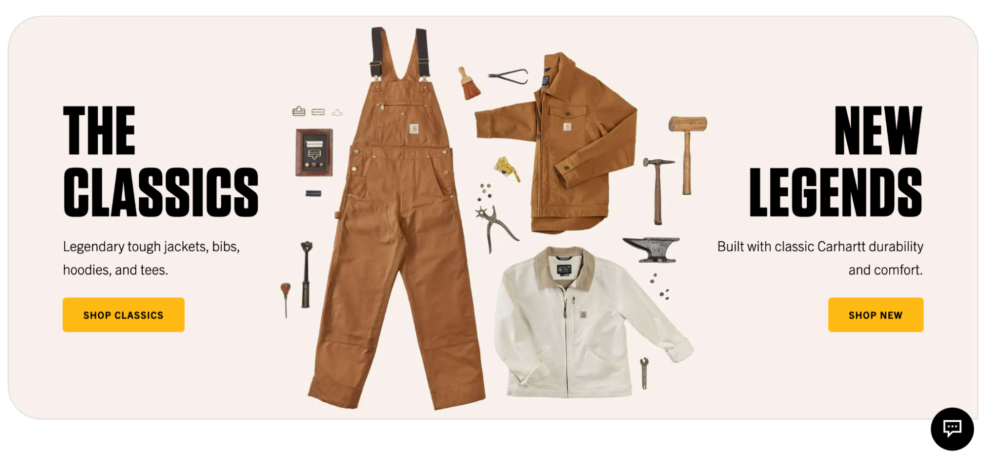 Promotional image from Carhartt homepage. Image of tools alongside work overalls, and jackets. Text overlay says "THE CLASSICS Legendary tough jackets, bibs, hoodies, and tees. SHOP CLASSICS" and "NEW LEGENDS Built with classic Carhartt durability and comfort. SHOP NEW"
