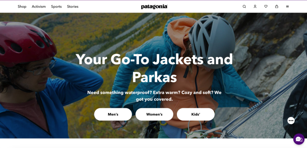 Screenshot from Patagonia homepage. Text overlay that says "Your Go-To Jackets and Parkas Need something waterproof? Extra warm? Cozy and soft? We got you covered."